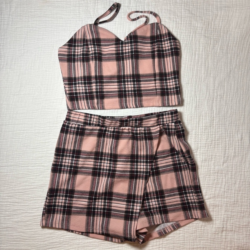 Almost Famous Pink and Black Plaid Shorts and Top Set